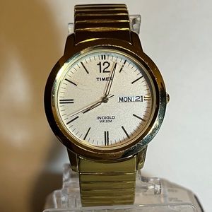 Mens Timex Indiglo Round Gold Tone Flex Band Day Date Analog Watch